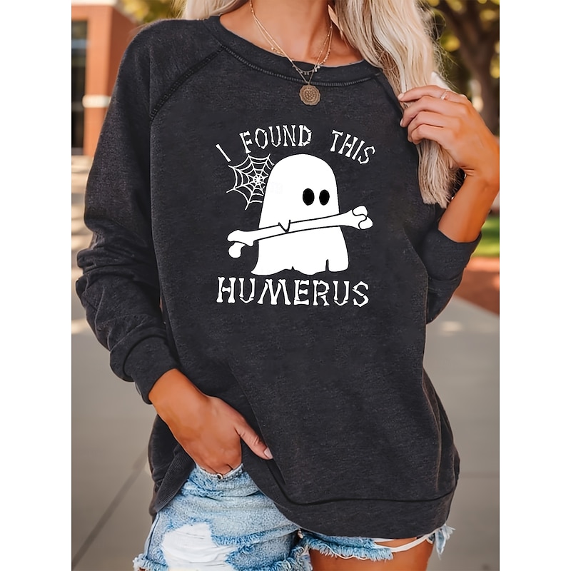 Halloween Women's Pullover Ghost Graphic Letter Casual Long Sleeve Crew Neck Regular Tops Casual Black Fall