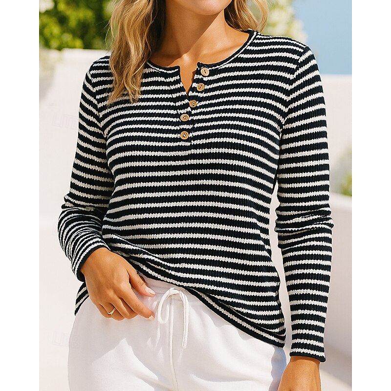 Women's Knitted Pullover Sweatshirt Casual Tops Long Sleeve Top Athleisure Fall Stripes Fashion Outdoor Travel Sports Sportswear Activewear Wine Red Black Blue3