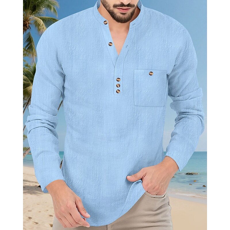 Men's Shirt Popover Shirt Summer Shirt Casual Shirt Beach Shirt Black White Yellow Navy Blue Sky Blue Long Sleeve Plain Band Collar Vacation Hawaiian Front Pocket Clothing Apparel Linen Fashion