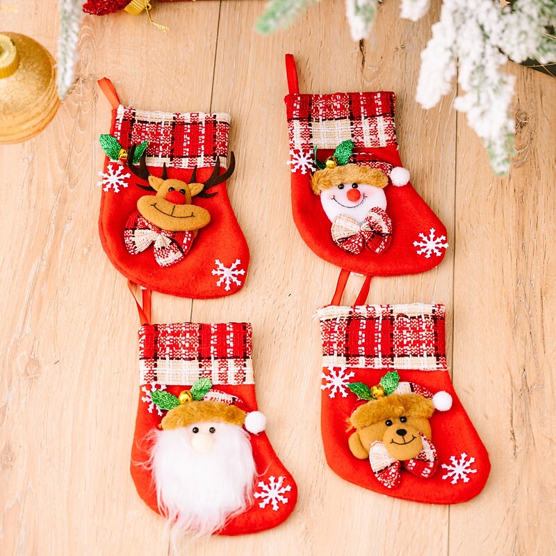 4Pcs Christmas Stockings,Bells, Snowflake Santa Claus Snowman Reindeer Gift Bags, Holiday Party Decoration Supplies2