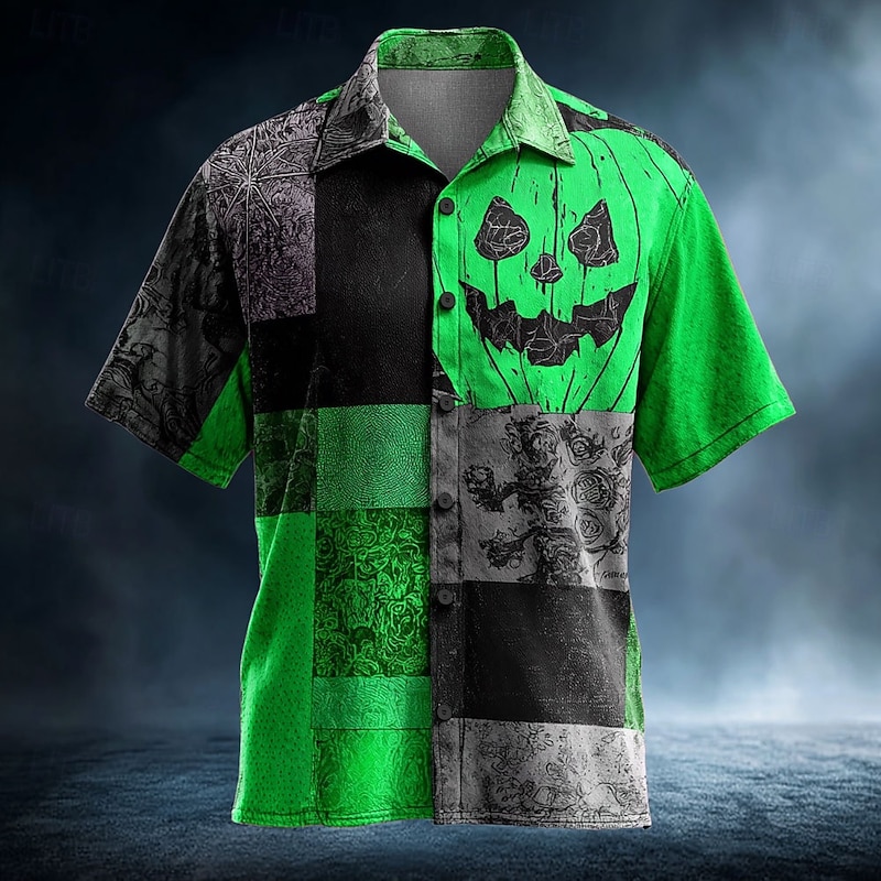Halloween Men's Pumpkin Patchwork Shirt Summer Shirt Button Up Shirt Short Sleeve Dark Gothic Style Holiday Streetwear Summer Spring Turndown 3D Print Collared Shirts Yellow Blue Orange Green3