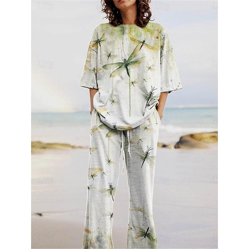 Women's Active Fashion Pants Sets 3/4 Length Sleeve Crew Neck Animal Print Vacation Daily Holiday Dark Green Green Gray Summer Regular Fit3