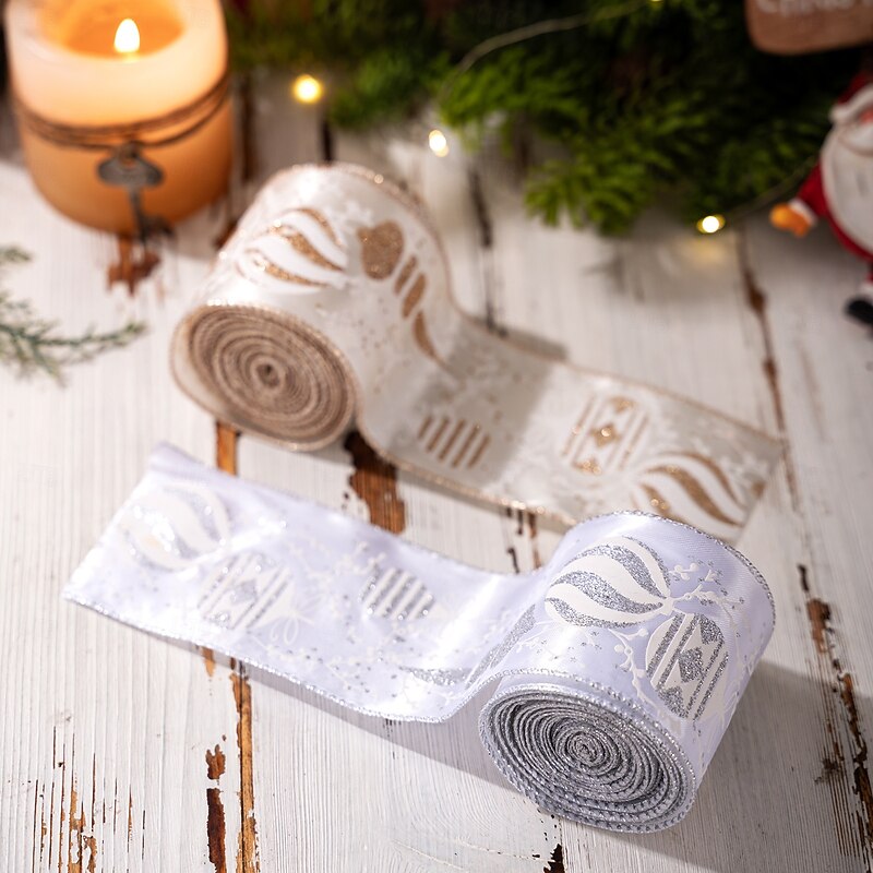 2 Roll Christmas Ribbon, DIY Decorative Silver Christmas Tree Ribbon, Satin Ribbon for Bows and Holiday Decorations