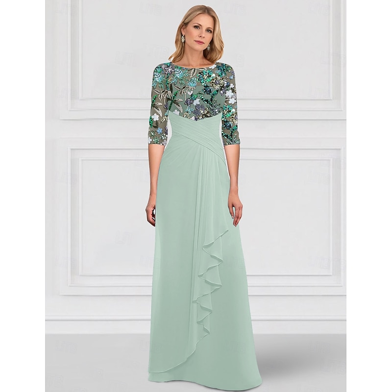 SkyBeaded Gown A-Line Mother of the Bride Dress Sparkle & Shine Boat Neck Floor Length Chiffon Lace Beaded Lace Half Sleeve with Ruffle Details and Covered Buttons2