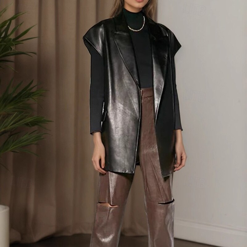 Women's Faux Leather Jacket Vest Comfortable Lace up Pocket Fashion Plain Outdoor Holiday Daily Wear Going out Open Front Long Turndown Regular Fit Sleeveless Outerwear Black Camel Winter