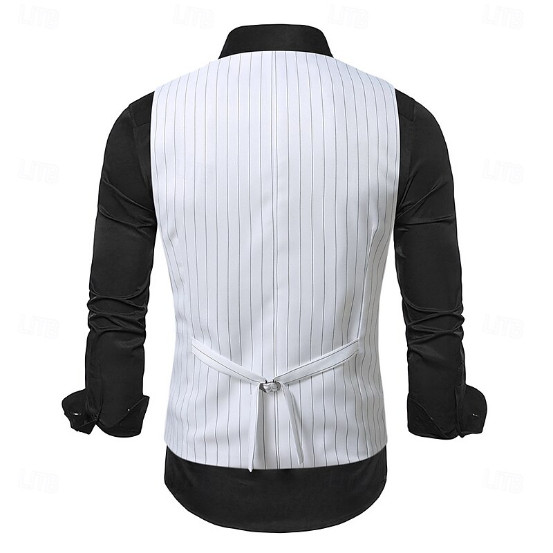 Men's Suit Vest Waistcoat Wedding Party Evening Wear Casual Active Vintage Spring Fall Polyester Adjustable Striped Double Breasted Slim White Vest3