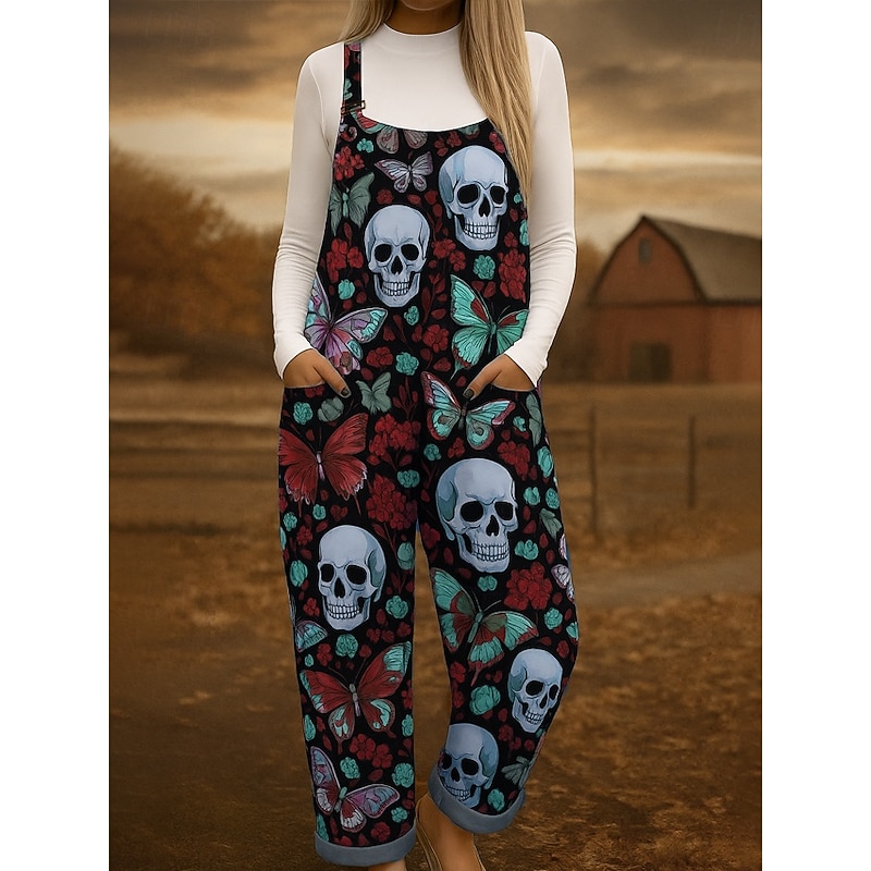 Halloween 100% Cotton Women's Overall Lightweight Graphic Sleeveless Sleeveless Wide Leg Round Neck with Pocket Vacation Daily Loose Fit Red Blue Purple Summer2