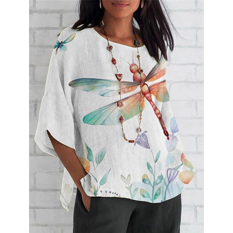 Women's Shirt Dragonfly Daily Casual 3/4 Length Sleeve Crew Neck Regular Tops Daily Holiday Print Yellow Blue Summer Spring Fall3