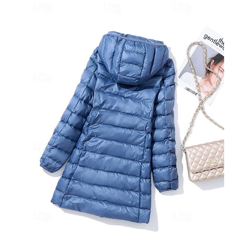 Women's Down Jacket Coat Warm Comfortable Zipper Pocket Fashion Plain Holiday Going out Casual Daily Weekend Zipper Long Hooded Regular Fit Long Sleeve Outerwear Black Blue Purple Fall Winter2