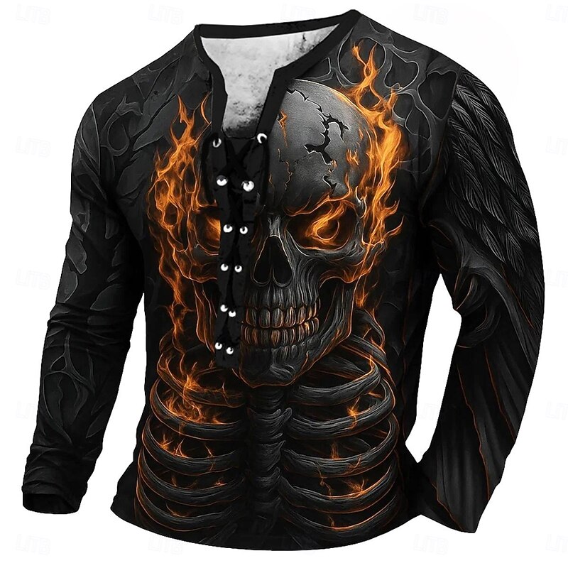Men's Halloween Skull Cool Skulls Bull T shirt Tee Long Sleeve Ugly Helloween Vintage Retro Halloween Spirit Halloween Halloween Party Fall Spring & Summer Red Blue Purple Green Lace Up Neck Henley - Main Image