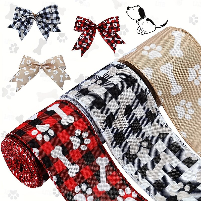 3 Roll Christmas Plaid Dog Bone and Paw Print Ribbon,Pet Ribbon, Black and White Bow Wreath Decorations, 5 Yards Christmas Pet Craft Supplies, Holiday DIY Accessories