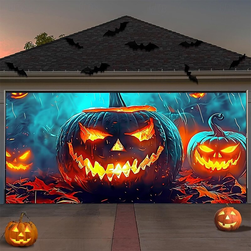 Halloween Garage Door Cover Evil Pumpkin Lantern Banner Glowing Jack O Lantern Face Backdrop Tapestry for Spooky Outdoor Wall or Fence Decoration