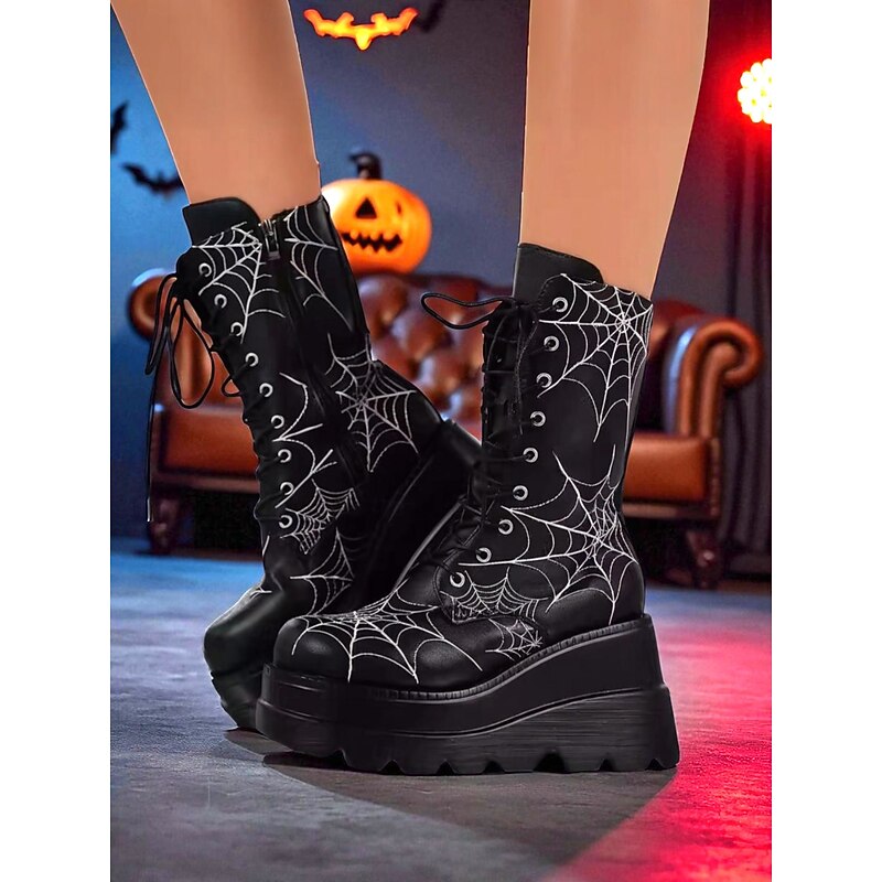Women's Black Spider Web Platform Combat Boots - Gothic Lace-Up Halloween Costume Shoes for Festivals and Cosplay2
