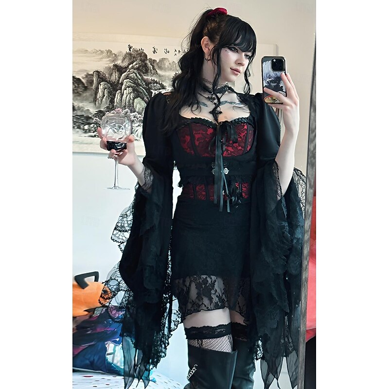 Gothic Crop Top Shrug Top Bell Sleeve Witch Morticia Addams Lace Fancy Dress Women's Fantasy Halloween Carnival Performance Party Adults Top3