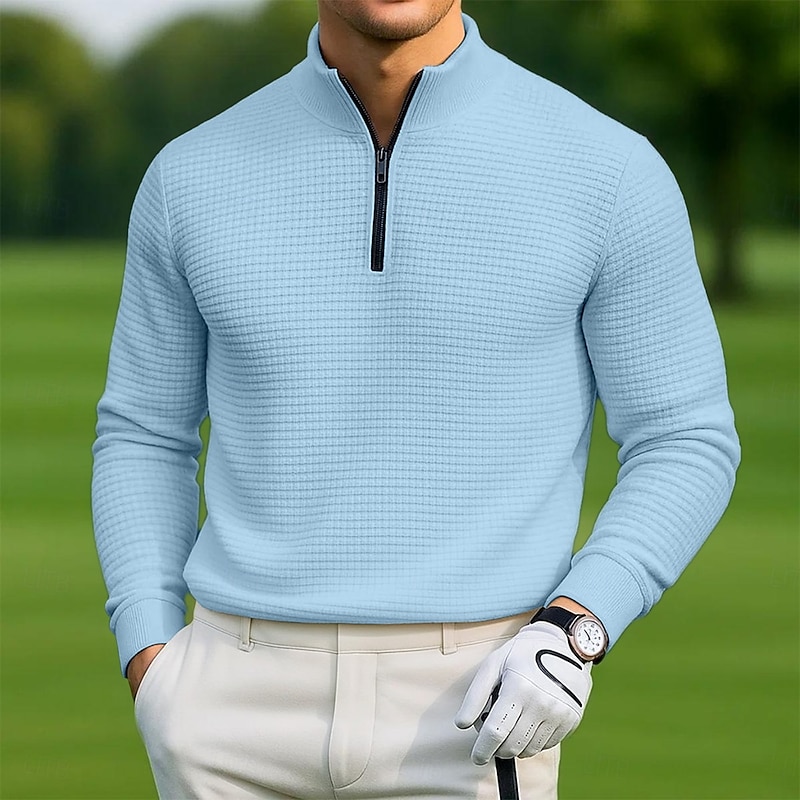 Men's Waffle Polo Shirts Sports Outdoor Casual Standing Collar Quarter Zip Long Sleeve Fashion Modern Solid Color Textured Knitted Spring &  Fall All Seasons Black White Blue Grey Waffle Polo Shirts2
