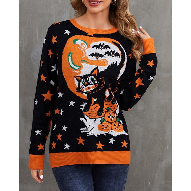 Women's Sweater Pullover Casual Pumpkin Skeleton Ribbed Crew Neck Knitted Print Long Sleeve Regular Tops Knit Halloween Holiday Going out Orange Winter