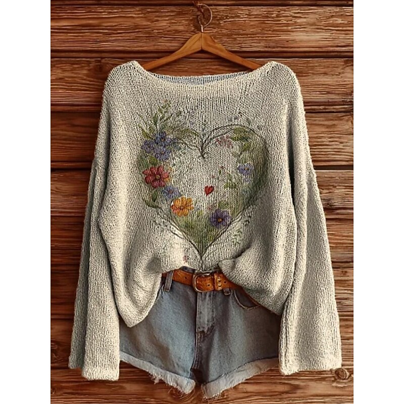Women's Sweater Casual Soft Floral Stylish Modern Long Sleeve Crew Neck Regular Tops Daily Holiday Print Blue Green Apricot Spring Fall Winter
