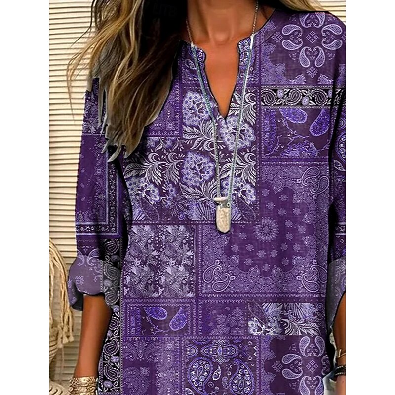 Women's Blouse Floral Graphic Paisley Bohemia Vintage Daily Long Sleeve V Neck Notched Neck Regular Tops Daily Holiday Print Purple Spring Fall Winter2