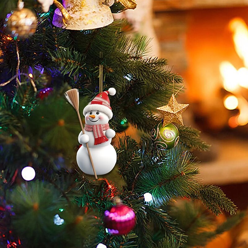 5pcs Snowman Acrylic Christmas Tree Ornament Cute Snowman with Hat and Broom Christmas Hanging Decorations for Christmas Tree Hanging Ornaments4