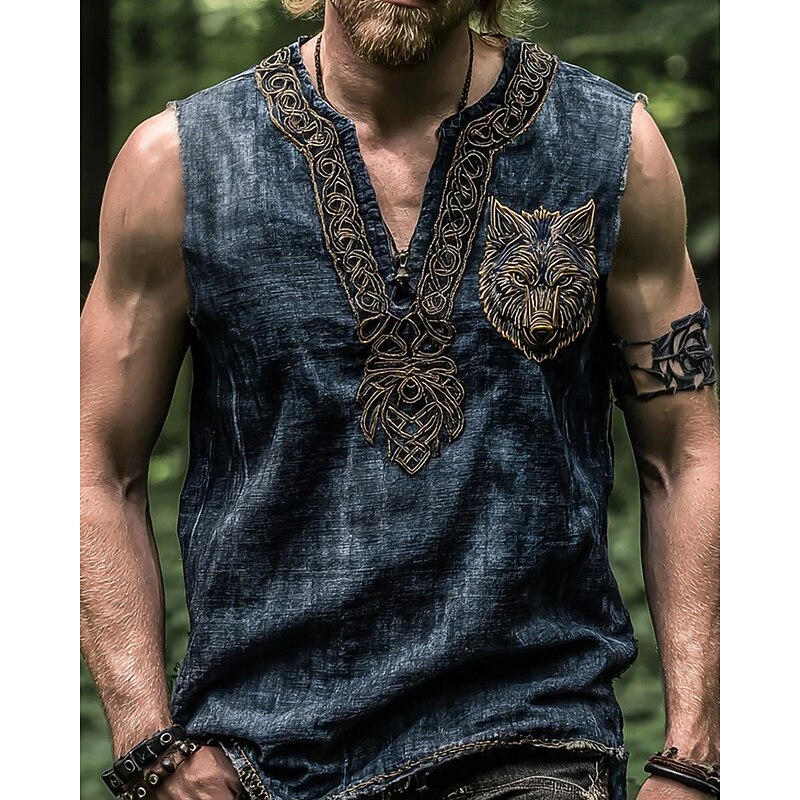 Men's Tank Top Vest Top Undershirt Sleeveless Shirt Sleeveless V Neck Summer Wolf Vintage Designer Basic Print Vacation Street Going out Black Blue Top Tee for Men