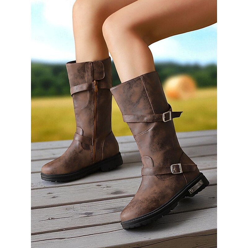 Women's Brown Mid-Calf Boots – Distressed Faux Leather, Dual Buckle Straps, Rugged Casual Outdoor Footwear3