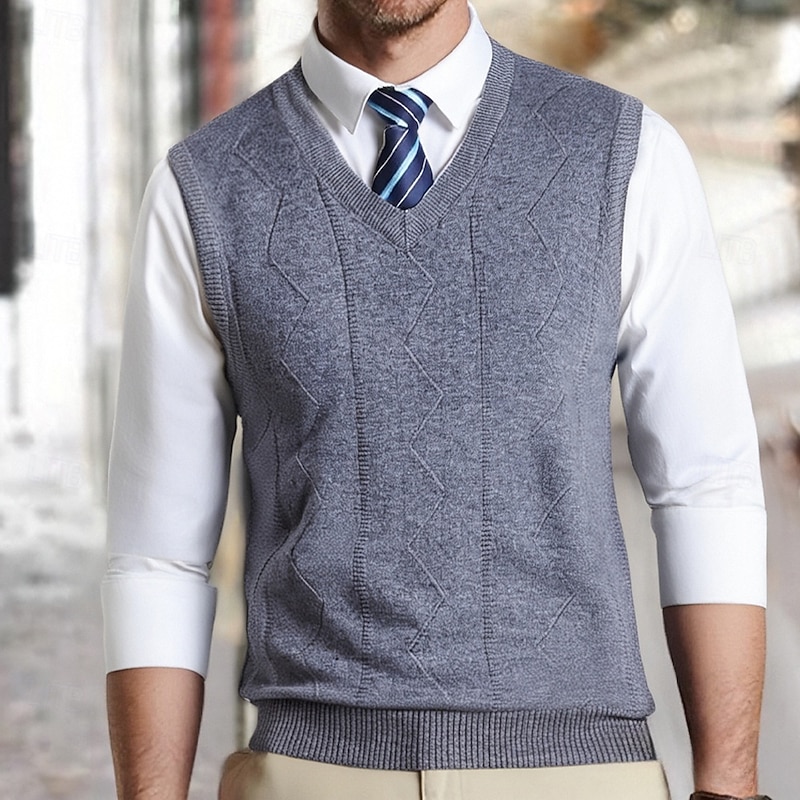 Men's Sweater Vest Dress Sweater Pullover Sweater Jumper Vest Knit Sweater Ribbed Knit Regular Tops Knitted V Neck Daily Wear Date Clothing Apparel Fall Winter Green Light Grey S M L