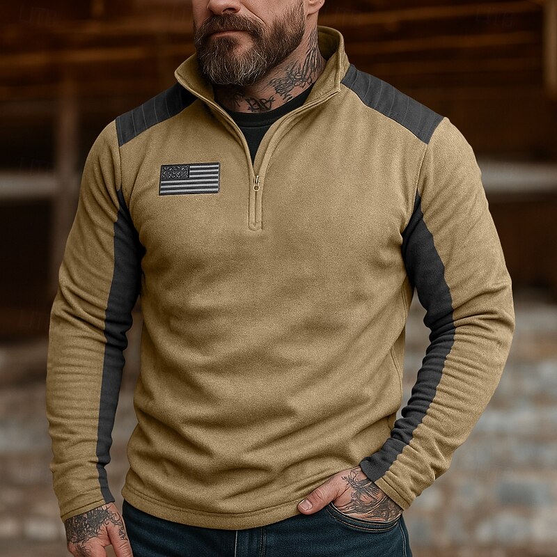 Men's Sweatshirt Fleece Hoodie Quarter Zip Sweatshirt Tactical Hoodie Reddish brown Army Green Khaki Standing Collar Plain Zipper Sports & Outdoor Casual Daily Streetwear Cool Sportswear Spring2