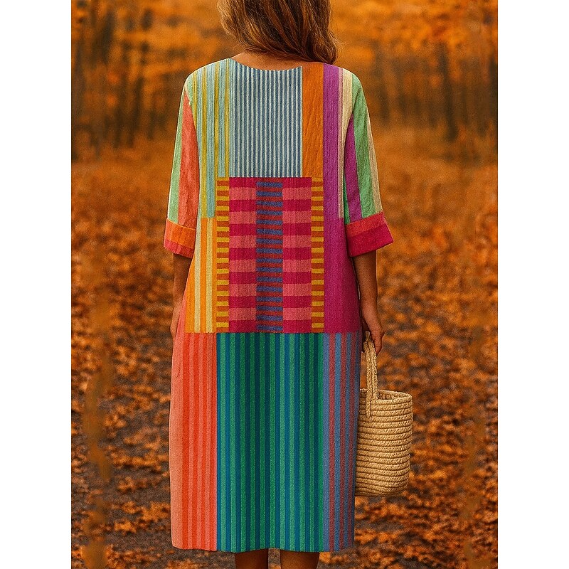 Women's Midi Dress V Neck Long Sleeve Kaftan Lightweight Loose Fit A Line Dress Casual Boho Going out Loose Fit Graphic Geometric Long Sleeve V Neck Yellow Red Fall2