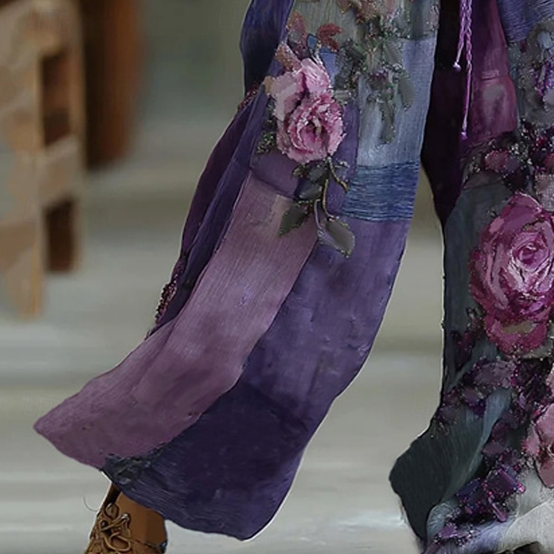 Women's Wide Leg Pants Trousers Palazzo Pants Fashion Boho Full Length High Waist Flower Elastic Waist Drawstring Print Breathability Comfortable Street Daily Wear Going out Purple Spring Fall3