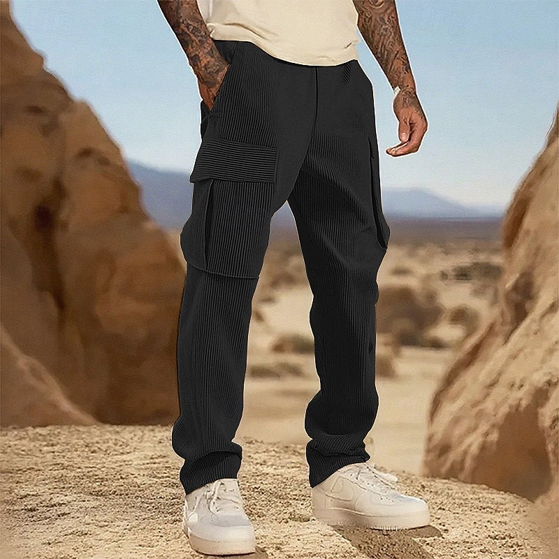 Men's Cargo Pants Corduroy Pants Trousers Buttons Multi Pocket Plain Wearable Outdoor Daily Camping & Hiking Fashion Classic Black White3