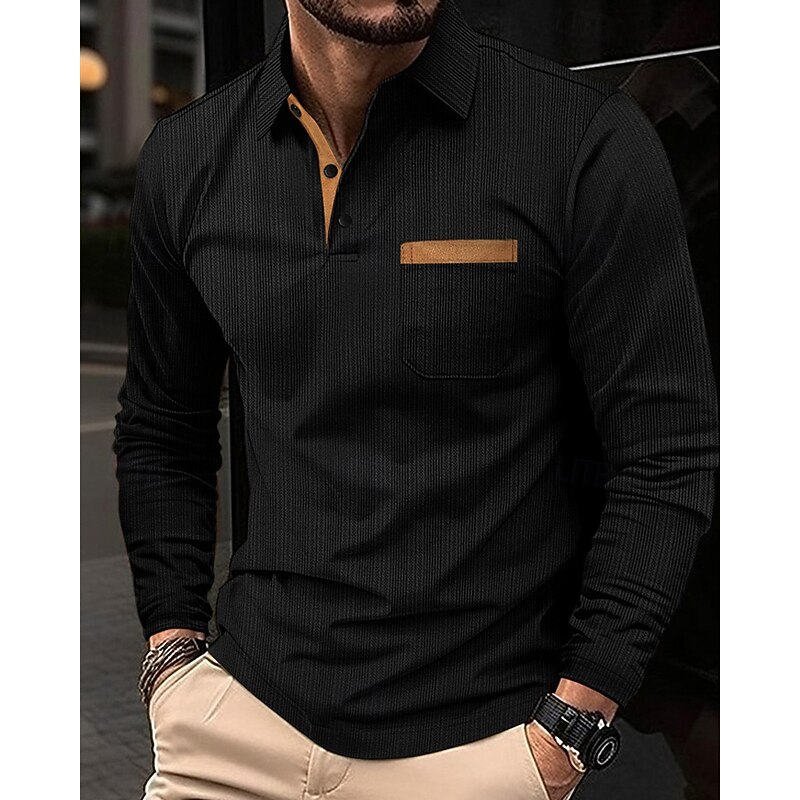 Men's Golf Shirt Golf Polos Shirts Work Casual Lapel Long Sleeve Basic Modern Color Block Patchwork Buttons Spring Fall Regular Fit Black Army Green Gray Golf Shirt2