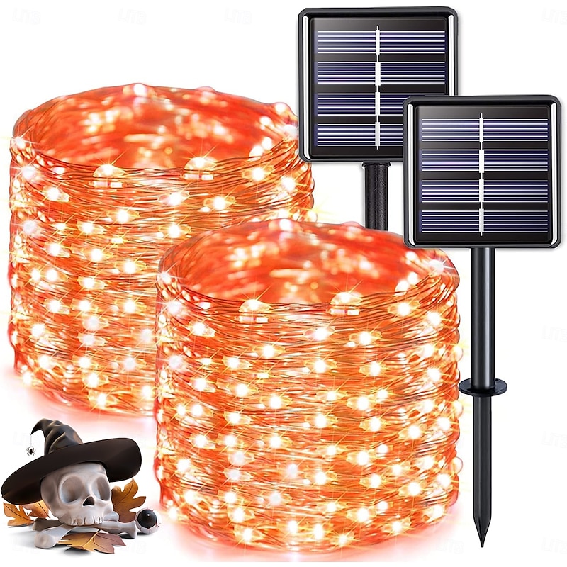 2 Pcs 10M/33FT 100 Led Beads Outdoor IP44 Waterpoof Solar Fairy String Lights  Halloween, Christmas, Wedding, Valentine's Day, Courtyard, Lawn, Garden, Festive Atmosphere Decoration, Copper Wire Light3