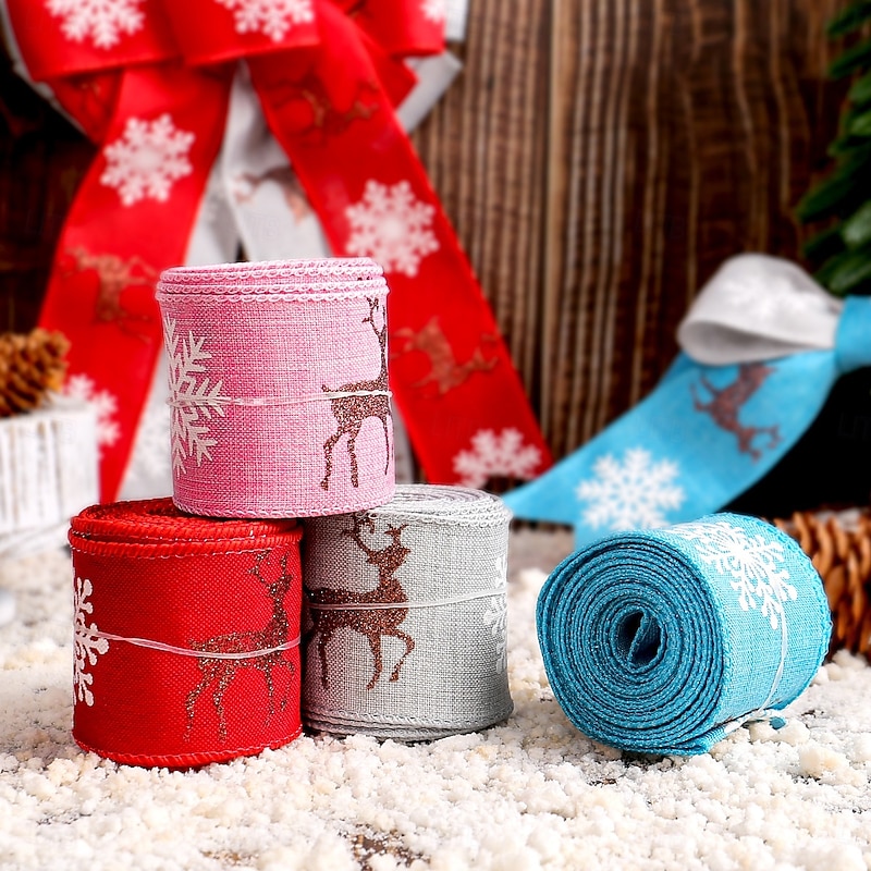 Christmas Ribbons for Crafting, Xmas Wired Edge Ribbon, Reindeer Bow Decoration, Gift Wrap Ribbon, Christmas Tree Ornament, Festive Holiday Supplies3