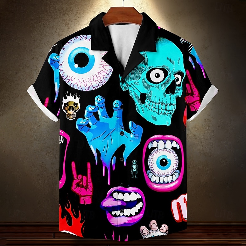 Halloween Men's Skull Big Eyes Halloween Costumes Shirt Cuban Collar Shirt Button Up Shirt Short Sleeve Dark Punk Gothic Style Holiday Summer Camp Collar Shirt 3D Print Black
