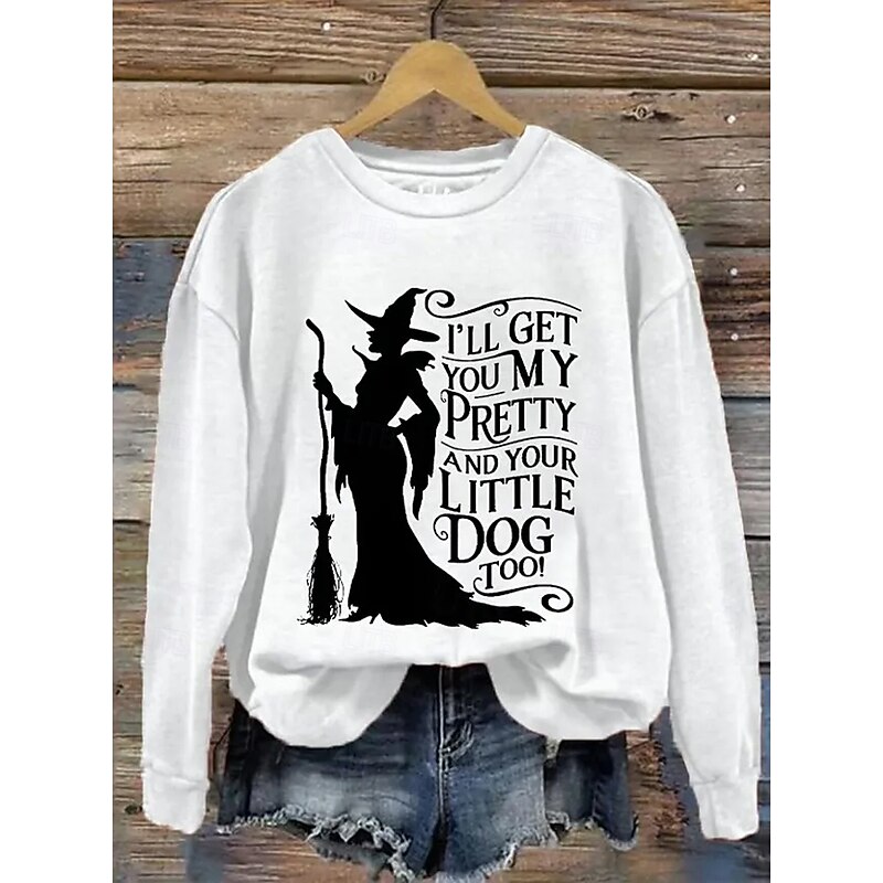 Halloween Women's Pullover Sweatshirt Witch Graphic Fashion Casual Long Sleeve Crew Neck Regular Tops Street Dailywear Casual Print White Purple Green Gray Fall Winter2