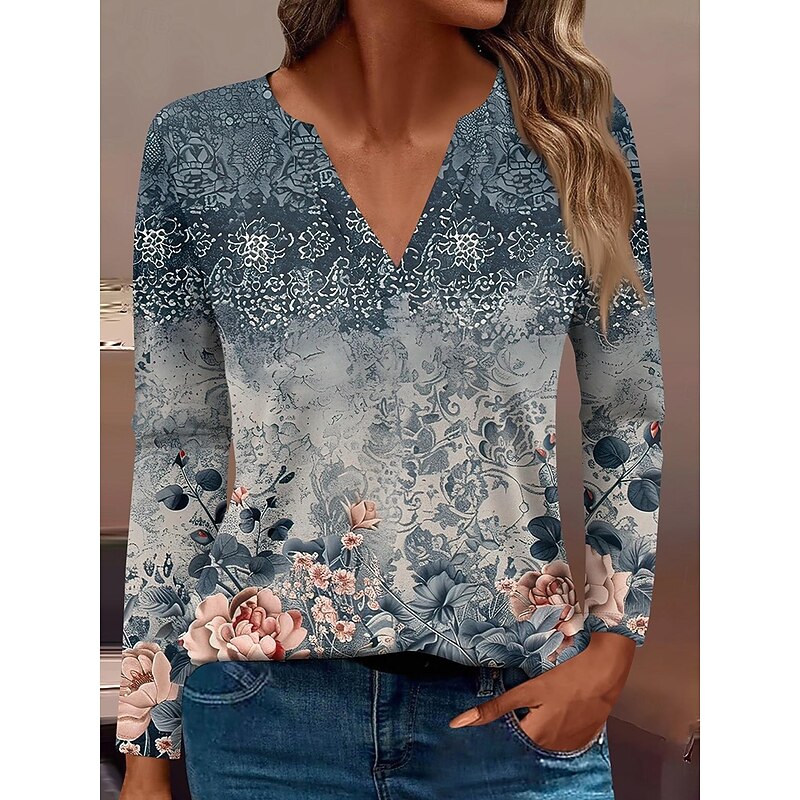 Women's T Shirt Floral Graphic Plants Vintage Stylish Casual Long Sleeve Notched Neck Regular Tops Daily Buttons Print Red Blue Dusty Blue Light Blue Spring Fall4