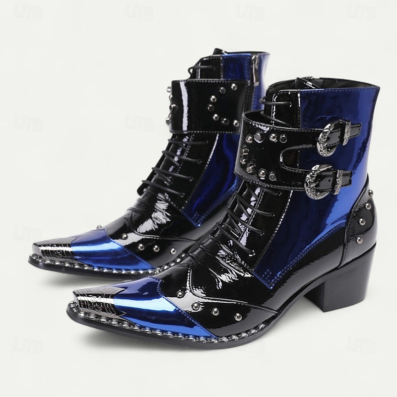 Men's Blue Patent Leather Gothic Ankle Boots with Buckle Straps – Punk Rock Stage Performance & Nightlife Party Shoes2