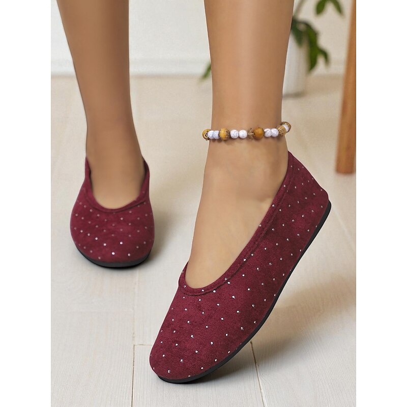 Women's Burgundy Slip-On Flats with Sparkling Rhinestone Accents, Casual Shoes for Daily Wear and Christmas Celebrations2