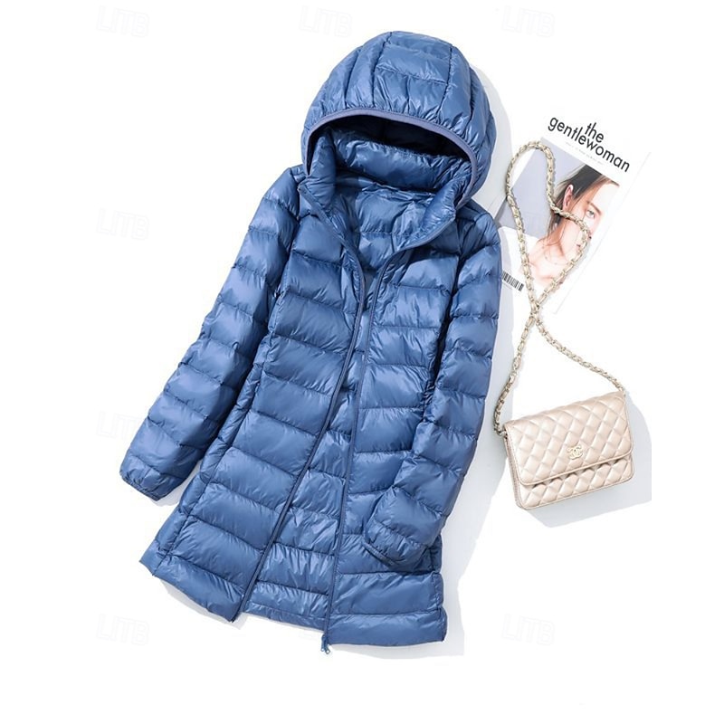Women's Down Jacket Coat Warm Comfortable Zipper Pocket Fashion Plain Holiday Going out Casual Daily Weekend Zipper Long Hooded Regular Fit Long Sleeve Outerwear Black Blue Purple Fall Winter