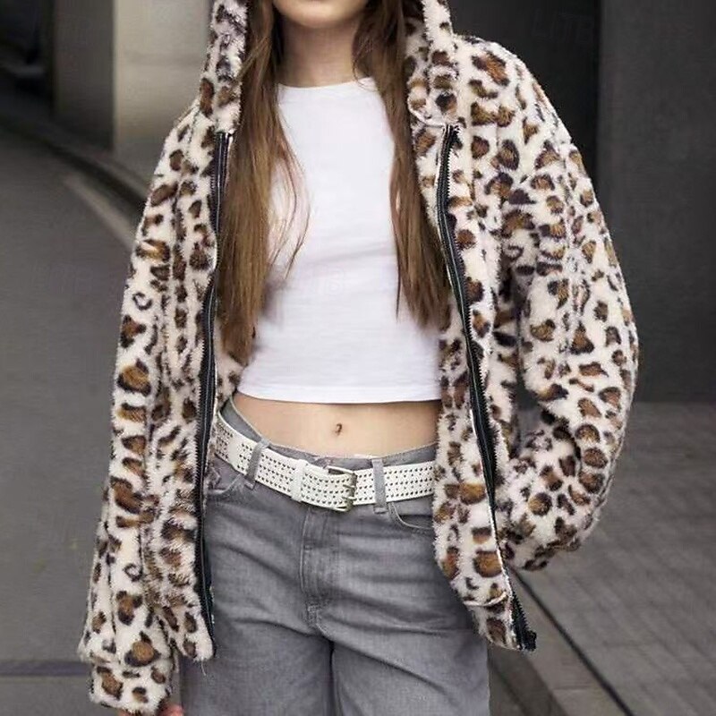 Women's Double Fuzzy Jacket Thick Warm Zip Up Long Sleeve Sports Leopard Top For Outdoor Travel Vacation Activewear4