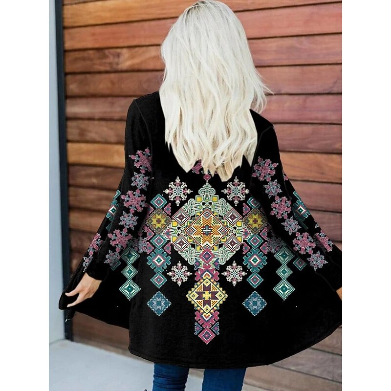 Women's Casual Jacket Warm Comfortable Irregular Hem Open Front Elegant Vintage Fashion Modern Floral Street Casual Athleisure Daily Long Collarless Regular Fit Long Sleeve Outerwear Black Brown3