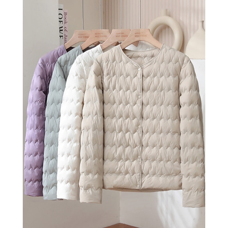 Women's Down Jacket Warm Comfortable Buttons Fashion Plain Going out Weekend Single Breasted Regular Crewneck Regular Fit Long Sleeve Outerwear Light Pink Light Blue White Fall Winter