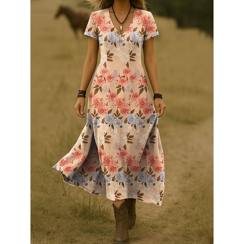 Halloween Women's Midi Dress Casual Dress A Line Dress Summer Dress Elegant Vacation Casual Beach Regular Fit Floral Graphic Short Sleeve V Neck Pink Blue Orange Green Summer Spring