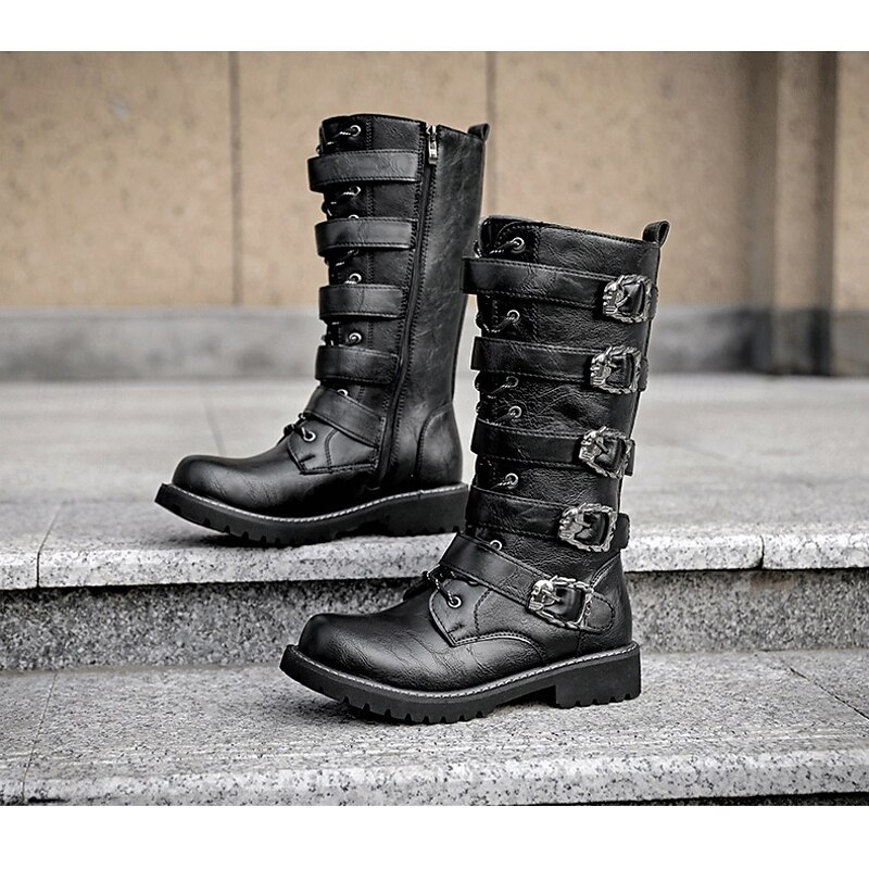 Men's  Knee High Boots with Multi Buckle Straps and Lace-Up Design - Gothic Punk Combat Style Footwear for Urban Casual Wear and Street Fashion2