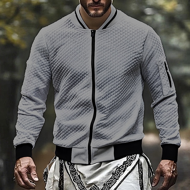 Men's Sweatshirt Full Zip Sweatshirt Black White Wine Navy Blue Light Grey Standing Collar Plain Jacquard Zip Up Sports & Outdoor Daily Holiday Polyester Streetwear Basic Casual Fall Winter Clothing2