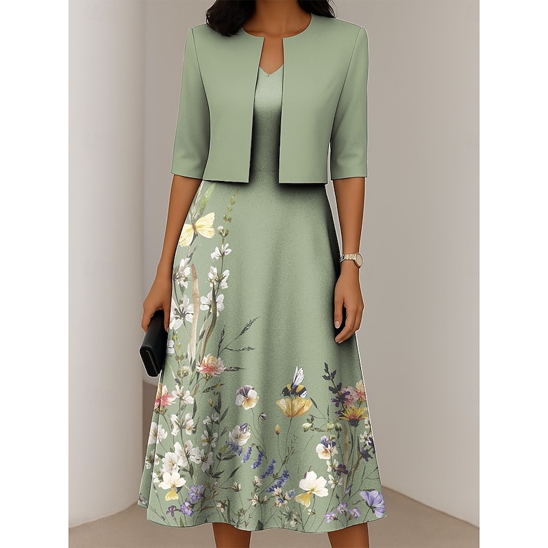 Women's Dress Set A Line Dress Summer Dress Elegant Casual Ombre Floral Print Midi Dress Half Sleeve V Neck Formal Vacation Blue Dark Green Orange Summer Spring Regular Fit