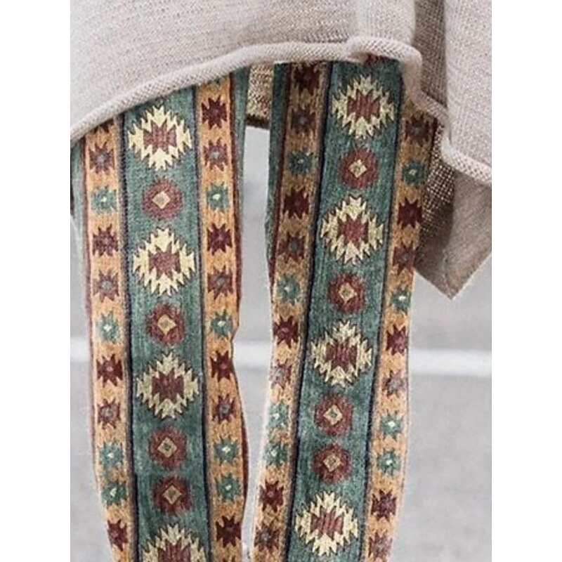 Women's Pants Trousers Leggings Cozy Leggings Vacation Vintage Full Length High Waist Geometric Color Block Elastic Waist Print Breathability Comfortable Stretchy Vacation Street Green Summer Spring3