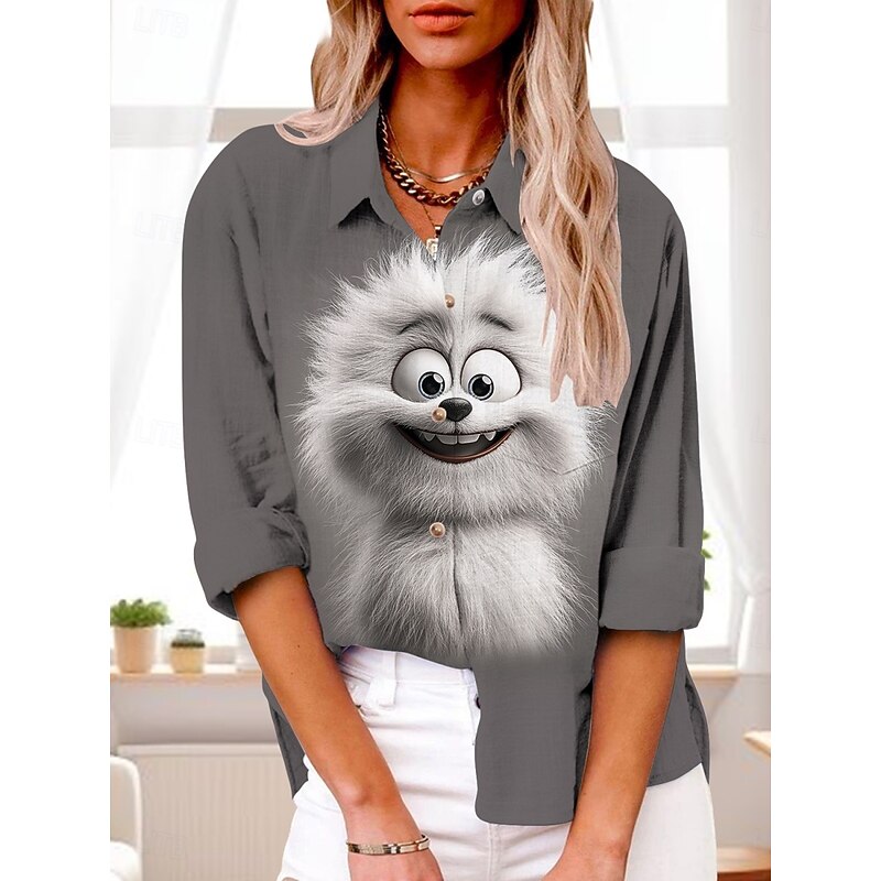 Women's Shirt 3D Active Daily Stylish Long Sleeve Shirt Collar Regular Tops Daily Holiday Buttons Print Dark Gray Gray Summer Spring Fall3