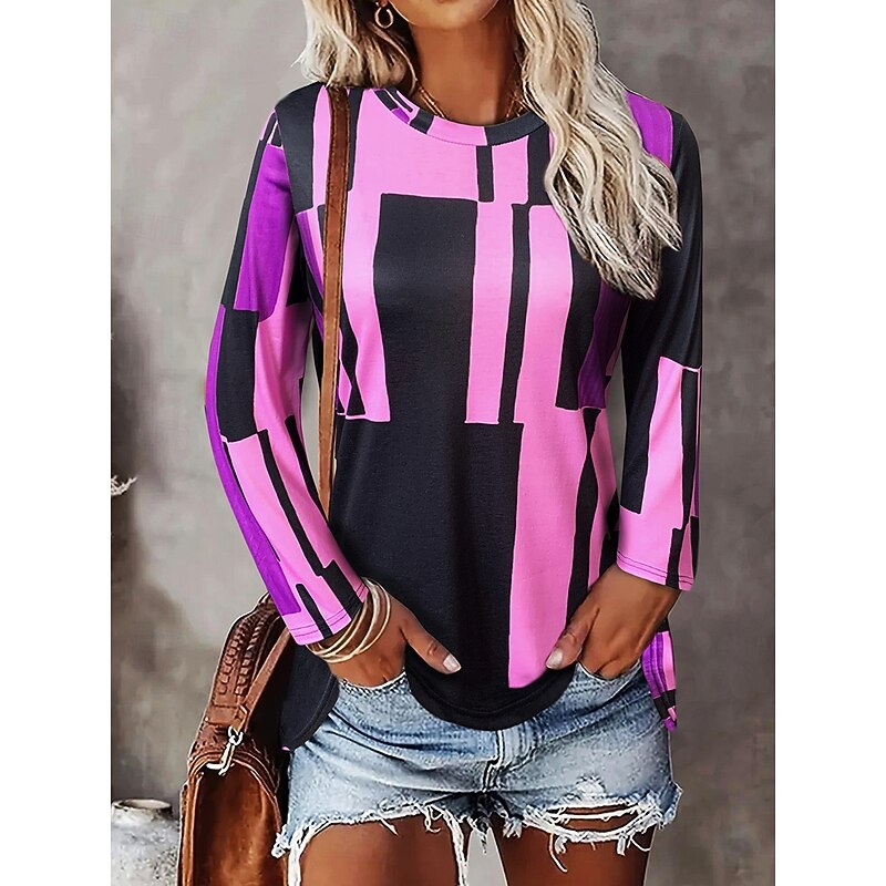Women's T Shirt Graphic Geometric Vintage Stylish Casual Long Sleeve Crew Neck Regular Tops Daily Print Red Blue Purple Brown Spring Fall Winter4