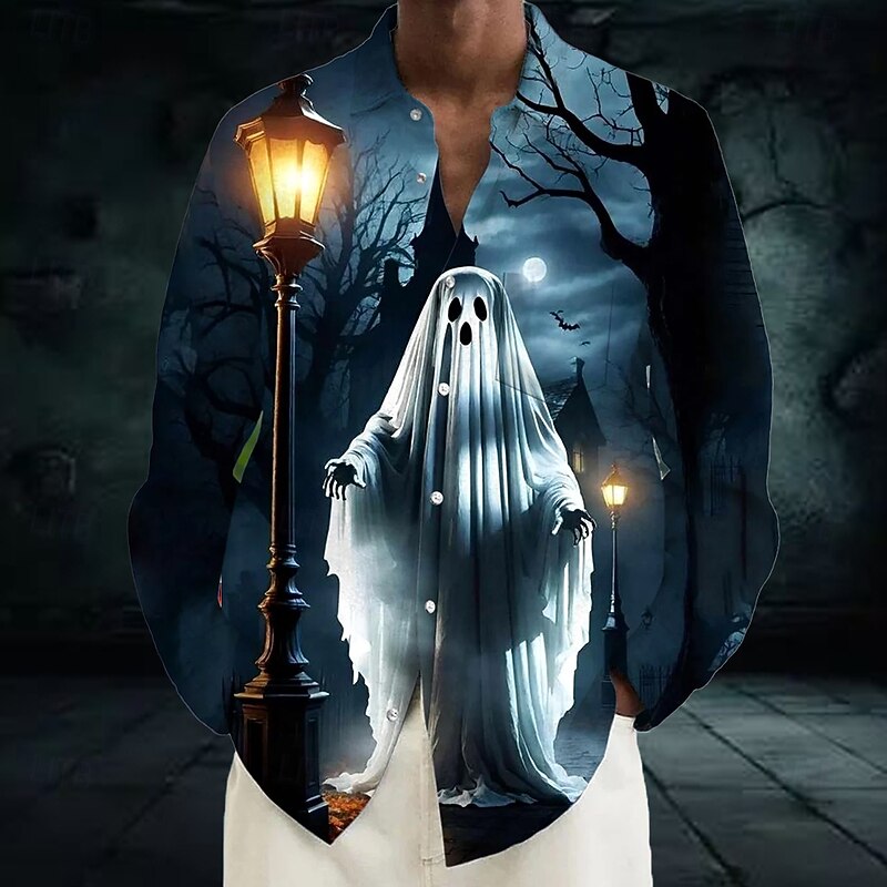 Halloween Men's Ghost Haunted House Halloween Costumes Shirt Button Up Shirt Long Sleeve Dark Gothic Style Holiday Spring Fall Turndown 3D Print Collared Shirts Front One Pocket Blue